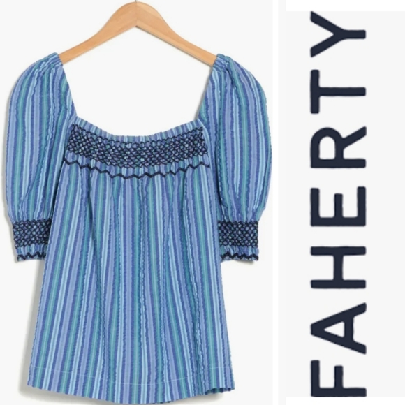Faherty Presley Top Blue Coast Stripe Babydoll Square Neck Boho Smocked Organic - Picture 1 of 14